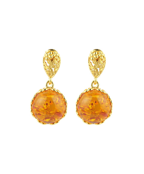 Bernstein-Ohrhänger mit goldenem Blumenmuster