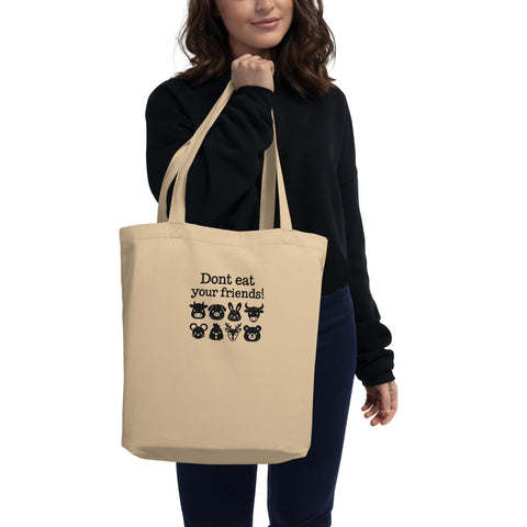 Don’t Eat Your Friends organic cotton eco tote in Oyster – front with original animal friendship illustration – view 2