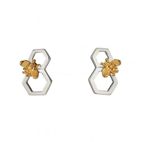 Elements Silberne Honigwaben- und Bienenohrringe aus Silber und Gelbgold E5676