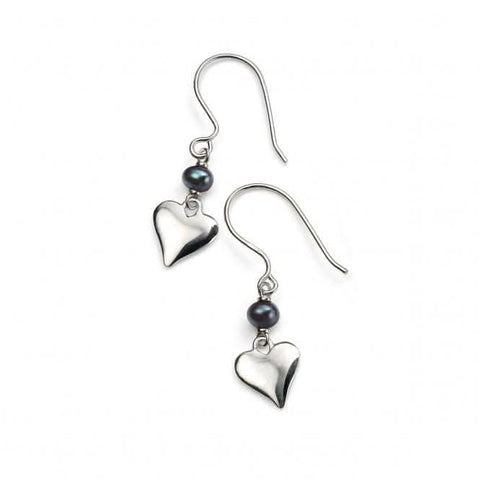 Boucles d'oreilles pendantes en argent sterling et perles d'eau douce noires en forme de cœur E3981B