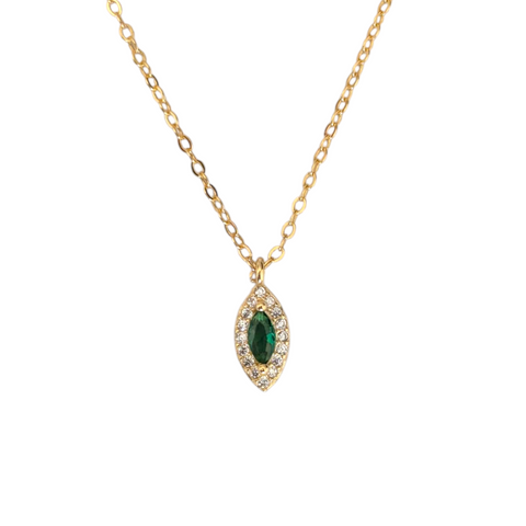 Collier Ameya en argent sterling plaqué or 14 carats avec pendentif émeraude et cristaux – Élégant design marquise, bijou de luxe délicat