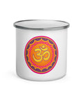 White 12 oz enamel mug with a silver rim and a pink, purple and golden-orange Om mandala on the front; front view.