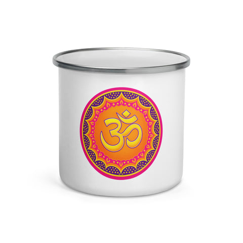 White 12 oz enamel mug with a silver rim and a pink, purple and golden-orange Om mandala on the front; front view.