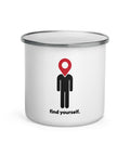 White 12 oz enamel mug with a silver rim and original Find Yourself black figure and red map-pin artwork – ZIPZAPPA