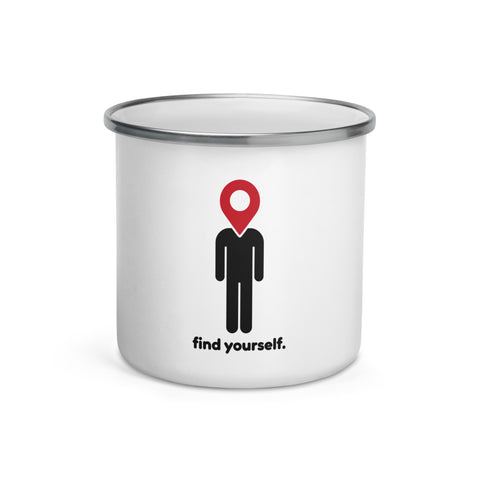 White 12 oz enamel mug with a silver rim and original Find Yourself black figure and red map-pin artwork – ZIPZAPPA