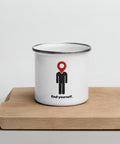 White 12 oz enamel mug with a silver rim and original Find Yourself black figure and red map-pin artwork – ZIPZAPPA