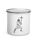 White 12 oz enamel camping mug with a silver rim and original black-and-white warrior carrying a cross, printed once at the front – ZIPZAPPA