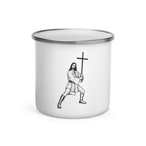 White 12 oz enamel camping mug with a silver rim and original black-and-white warrior carrying a cross, printed once at the front – ZIPZAPPA