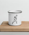 White 12 oz enamel camping mug with a silver rim and original black-and-white warrior carrying a cross, printed once at the front – ZIPZAPPA