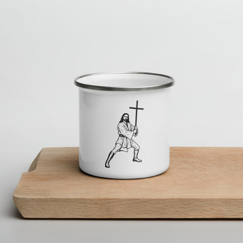 White 12 oz enamel camping mug with a silver rim and original black-and-white warrior carrying a cross, printed once at the front – ZIPZAPPA