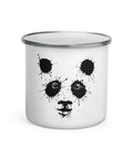 White 12 oz enamel camping mug with a silver rim and original black ink-splatter panda face centred on the front – ZIPZAPPA