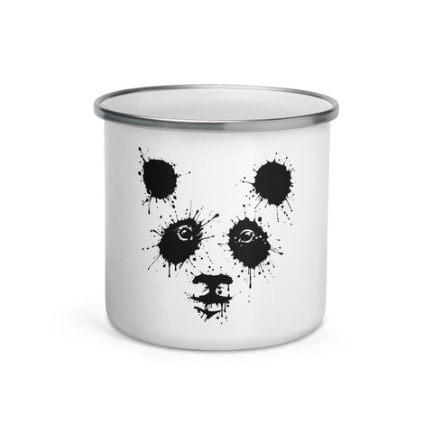 White 12 oz enamel camping mug with a silver rim and original black ink-splatter panda face centred on the front – ZIPZAPPA