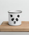 White 12 oz enamel camping mug with a silver rim and original black ink-splatter panda face centred on the front – ZIPZAPPA