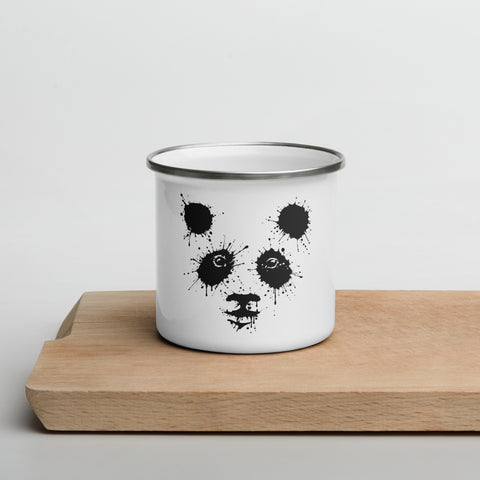 White 12 oz enamel camping mug with a silver rim and original black ink-splatter panda face centred on the front – ZIPZAPPA