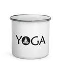White 12 oz enamel camping mug with a silver rim and black Yoga wordmark with a seated meditation figure in the O, printed once on the front – ZIPZAPPA