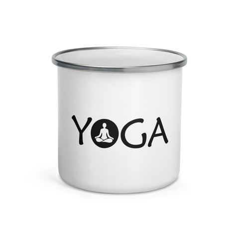 White 12 oz enamel camping mug with a silver rim and black Yoga wordmark with a seated meditation figure in the O, printed once on the front – ZIPZAPPA