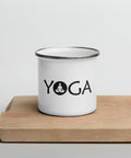 White 12 oz enamel camping mug with a silver rim and black Yoga wordmark with a seated meditation figure in the O, printed once on the front – ZIPZAPPA