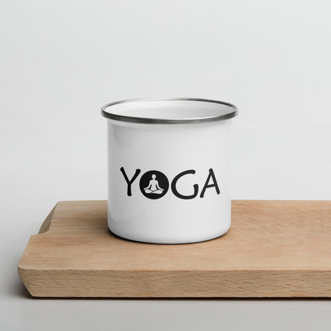 White 12 oz enamel camping mug with a silver rim and black Yoga wordmark with a seated meditation figure in the O, printed once on the front – ZIPZAPPA