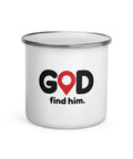 White 12 oz enamel camping mug with a silver rim and original black GOD Find Him lettering with a red location pin, printed once on the front – ZIPZAPPA