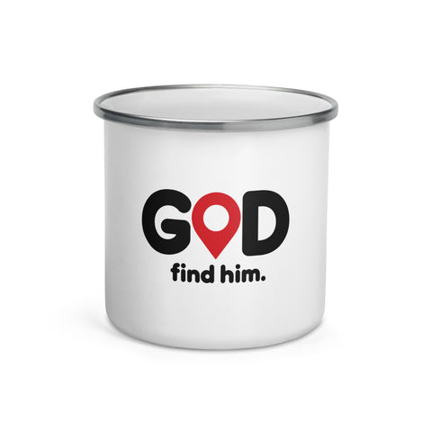 White 12 oz enamel camping mug with a silver rim and original black GOD Find Him lettering with a red location pin, printed once on the front – ZIPZAPPA