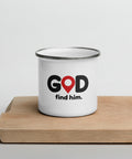 White 12 oz enamel camping mug with a silver rim and original black GOD Find Him lettering with a red location pin, printed once on the front – ZIPZAPPA