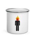 White 12 oz enamel camping mug with silver rim and original black human icon with a red, orange and yellow flame head printed once on the front – ZIPZAPPA