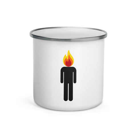 White 12 oz enamel camping mug with silver rim and original black human icon with a red, orange and yellow flame head printed once on the front – ZIPZAPPA