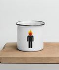 White 12 oz enamel camping mug with silver rim and original black human icon with a red, orange and yellow flame head printed once on the front – ZIPZAPPA