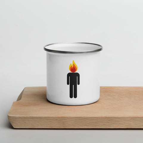 White 12 oz enamel camping mug with silver rim and original black human icon with a red, orange and yellow flame head printed once on the front – ZIPZAPPA