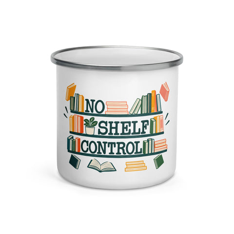 White 12 oz enamel mug with silver rim and colourful No Shelf Control books artwork on the front.