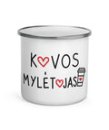 Kavos Mylėtojas white 12 oz enamel mug with silver rim, black Lithuanian Coffee Lover lettering and red hearts – view 1
