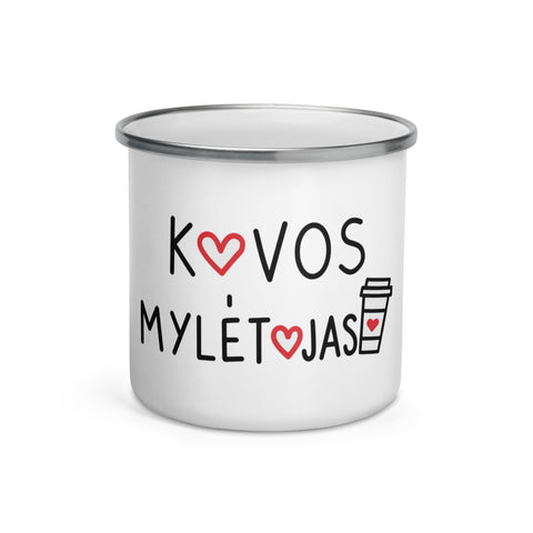 Kavos Mylėtojas white 12 oz enamel mug with silver rim, black Lithuanian Coffee Lover lettering and red hearts – view 1