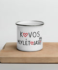 Kavos Mylėtojas white 12 oz enamel mug with silver rim, black Lithuanian Coffee Lover lettering and red hearts – view 5
