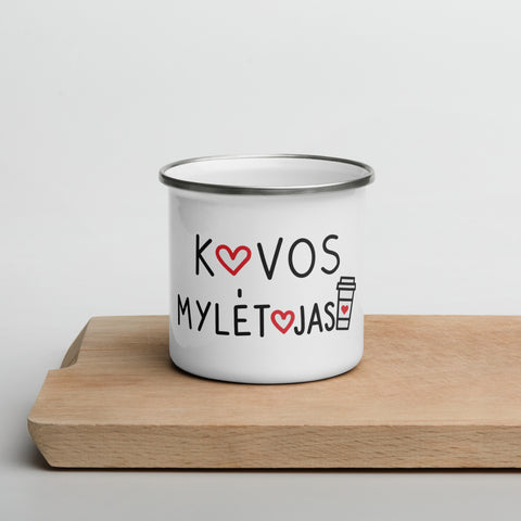 Kavos Mylėtojas white 12 oz enamel mug with silver rim, black Lithuanian Coffee Lover lettering and red hearts – view 5