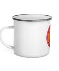 White 12 oz enamel mug with a silver rim and a pink, purple and golden-orange Om mandala on the front; left-side view.