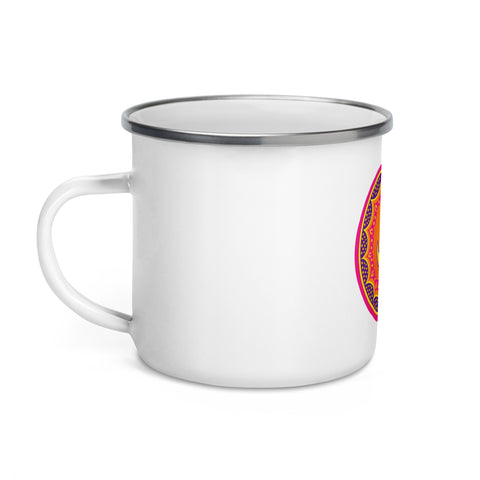 White 12 oz enamel mug with a silver rim and a pink, purple and golden-orange Om mandala on the front; left-side view.