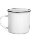 White 12 oz enamel camping mug with a silver rim and original black-and-white warrior carrying a cross, printed once at the front – ZIPZAPPA