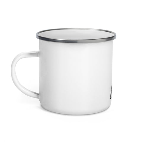 White 12 oz enamel camping mug with a silver rim and original black-and-white warrior carrying a cross, printed once at the front – ZIPZAPPA