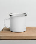 White 12 oz enamel camping mug with a silver rim and original black-and-white warrior carrying a cross, printed once at the front – ZIPZAPPA