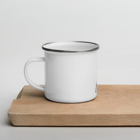 White 12 oz enamel camping mug with a silver rim and original black-and-white warrior carrying a cross, printed once at the front – ZIPZAPPA