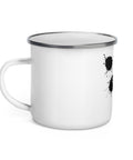 White 12 oz enamel camping mug with a silver rim and original black ink-splatter panda face centred on the front – ZIPZAPPA