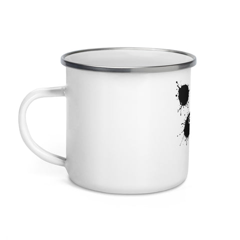 White 12 oz enamel camping mug with a silver rim and original black ink-splatter panda face centred on the front – ZIPZAPPA
