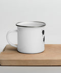 White 12 oz enamel camping mug with a silver rim and original black ink-splatter panda face centred on the front – ZIPZAPPA