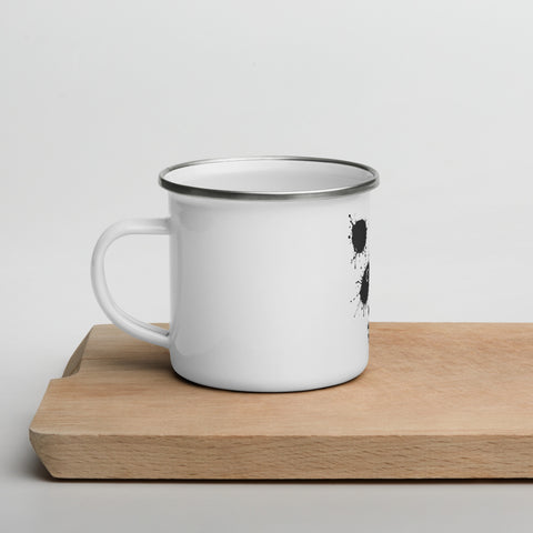 White 12 oz enamel camping mug with a silver rim and original black ink-splatter panda face centred on the front – ZIPZAPPA