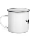 White 12 oz enamel camping mug with a silver rim and black Yoga wordmark with a seated meditation figure in the O, printed once on the front – ZIPZAPPA
