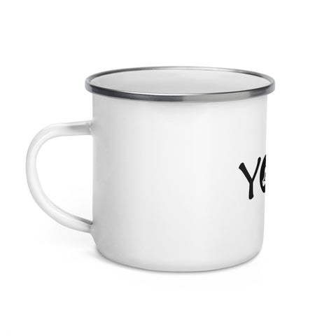 White 12 oz enamel camping mug with a silver rim and black Yoga wordmark with a seated meditation figure in the O, printed once on the front – ZIPZAPPA