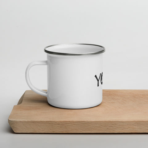 White 12 oz enamel camping mug with a silver rim and black Yoga wordmark with a seated meditation figure in the O, printed once on the front – ZIPZAPPA