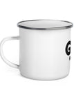 White 12 oz enamel camping mug with a silver rim and original black GOD Find Him lettering with a red location pin, printed once on the front – ZIPZAPPA