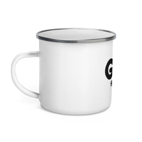 White 12 oz enamel camping mug with a silver rim and original black GOD Find Him lettering with a red location pin, printed once on the front – ZIPZAPPA