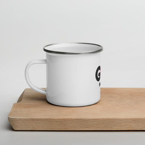 White 12 oz enamel camping mug with a silver rim and original black GOD Find Him lettering with a red location pin, printed once on the front – ZIPZAPPA